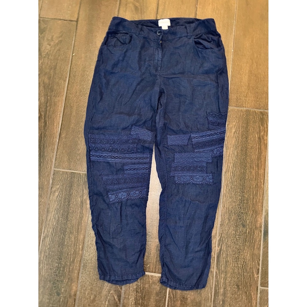 Chico's Linen Patchwork Pants 1.5 Navy Blue Boho Lace Detail